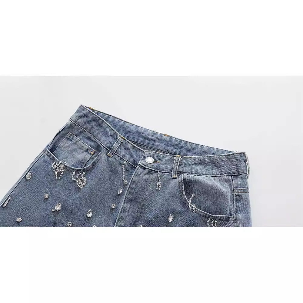 Dame Nye Mode Trendy Rhinestone Rå Kanter Design Lange Vide Ben Jeans