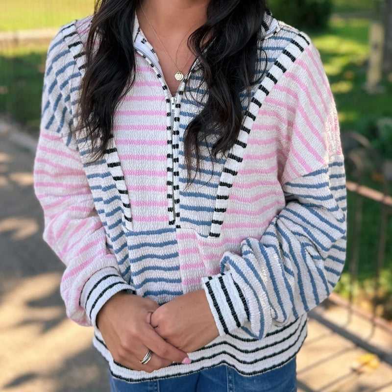 Multifarvet stribet kontrastfarvet patchwork half-zip drop-shoulder langærmet top