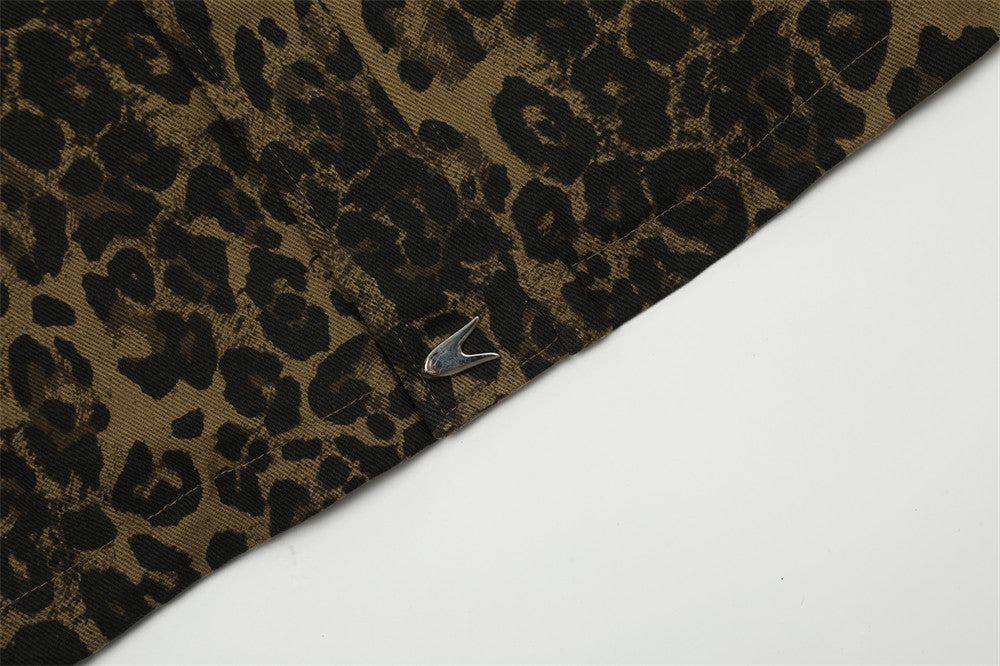 Men's Loose Casual Stand Collar Leopard Print Denim Jacket