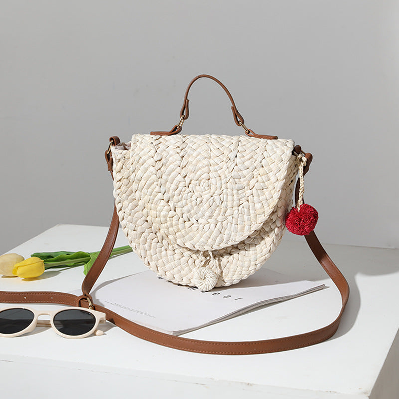 Cute Fur Ball One-shoulder Portable Straw Bag