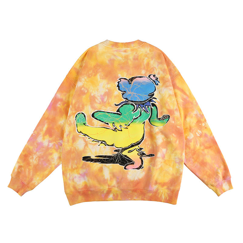 Tie-dye Print Oversize Bear Print Crew Neck Sweatshirt