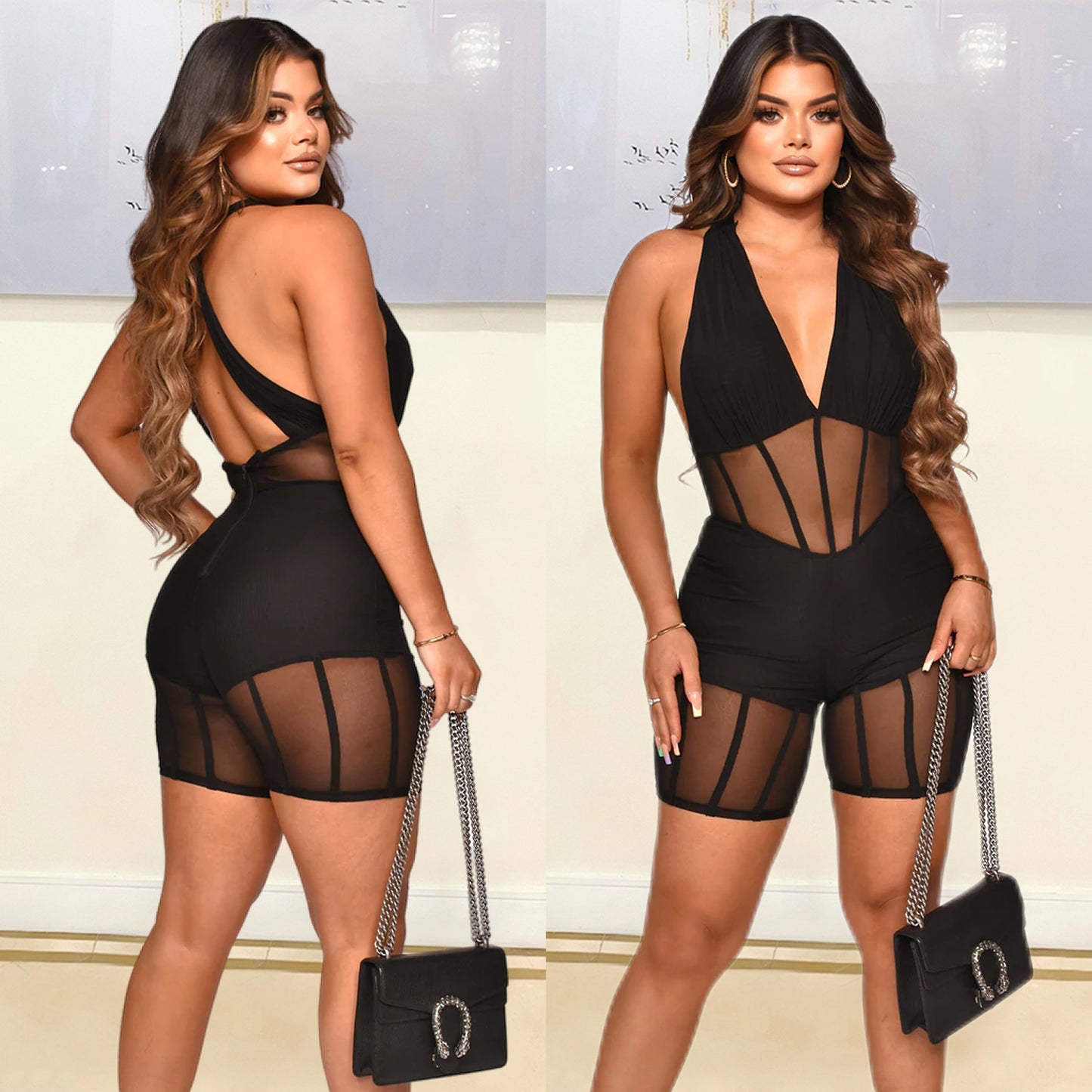 Women's Fashion Mesh Stitching Jumpsuit Shorts
