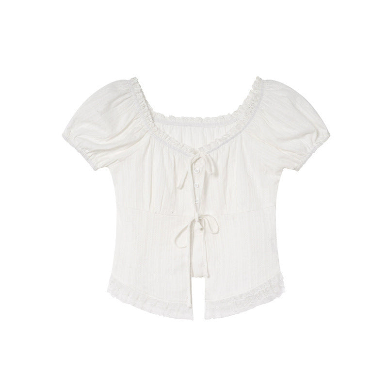 Lace Edge Lace-up Short-sleeved Shirt Women's Top