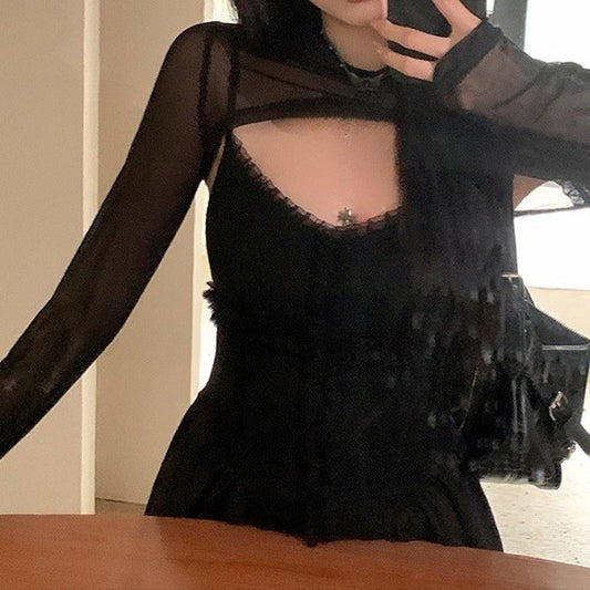 Black Cross Sling Waist Slimming Shirt Dress