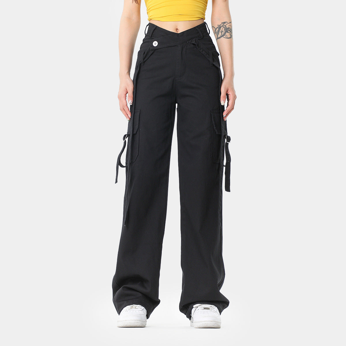 Female Decorative Ribbon Cross Waist Seal Straight Cargo Pants