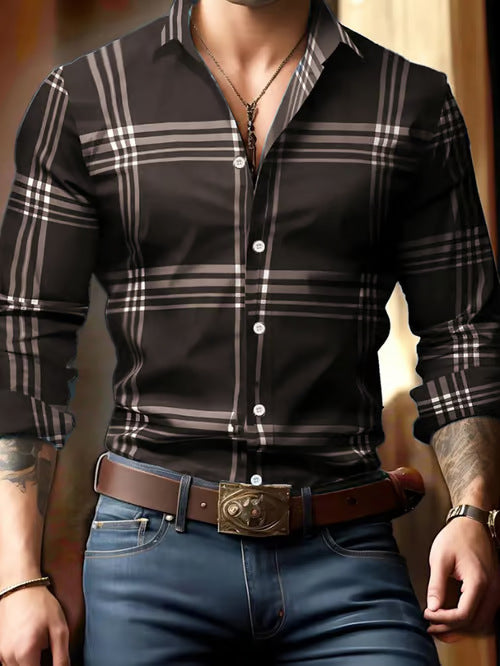 Digital Printing Striped Plaid Men's Long Sleeve Shirt