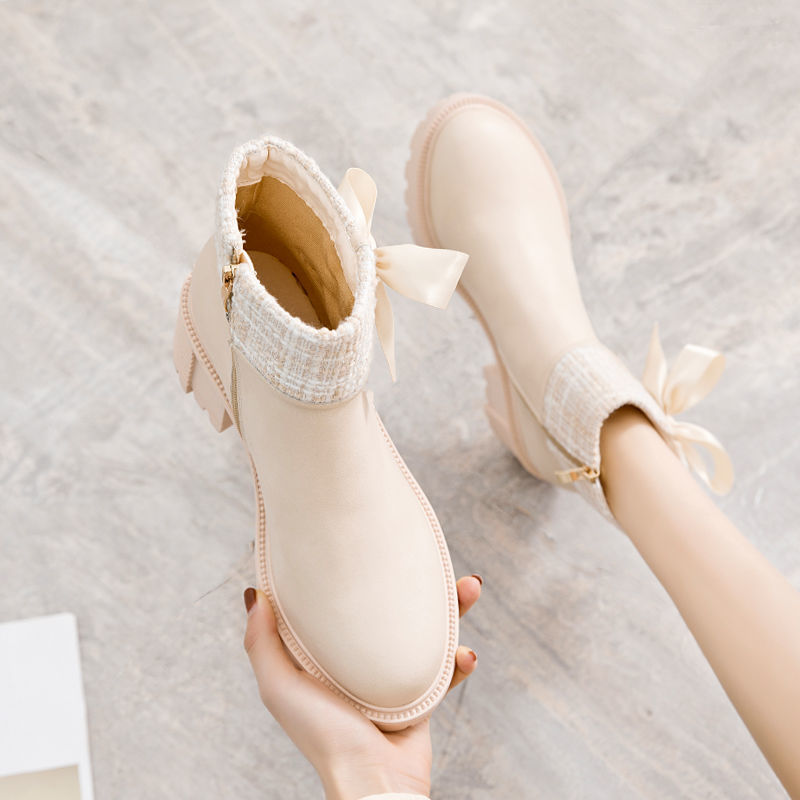 Soft Leather Spring And Autumn Bow Thick Heel Short Female Martin Boots
