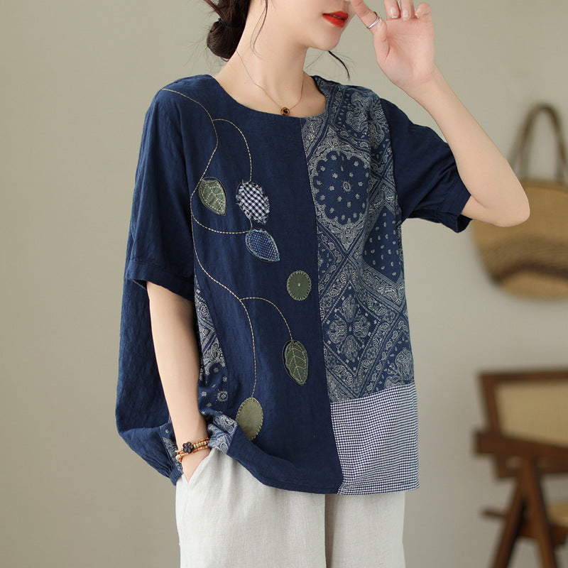 Retro Embroidered Striped Printed Leaf Stripe Twill Embroidered Short T-shirt