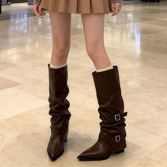 Women's Niche-design Leather-buckle High-rise Riding Boots