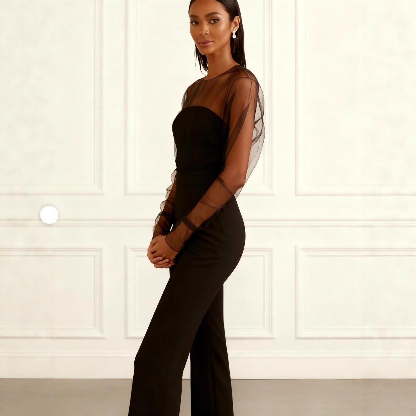 New Womens Sexy Tube Top Mesh Spliced Fashion High Waist Jumpsuit With Long Pants