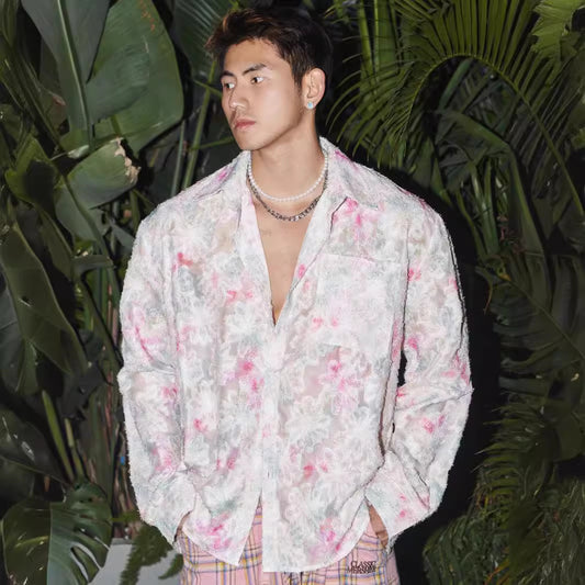 Spring And Summer American Three-dimensional Floral Shirt Niche Design Floral Long Sleeve Shirt