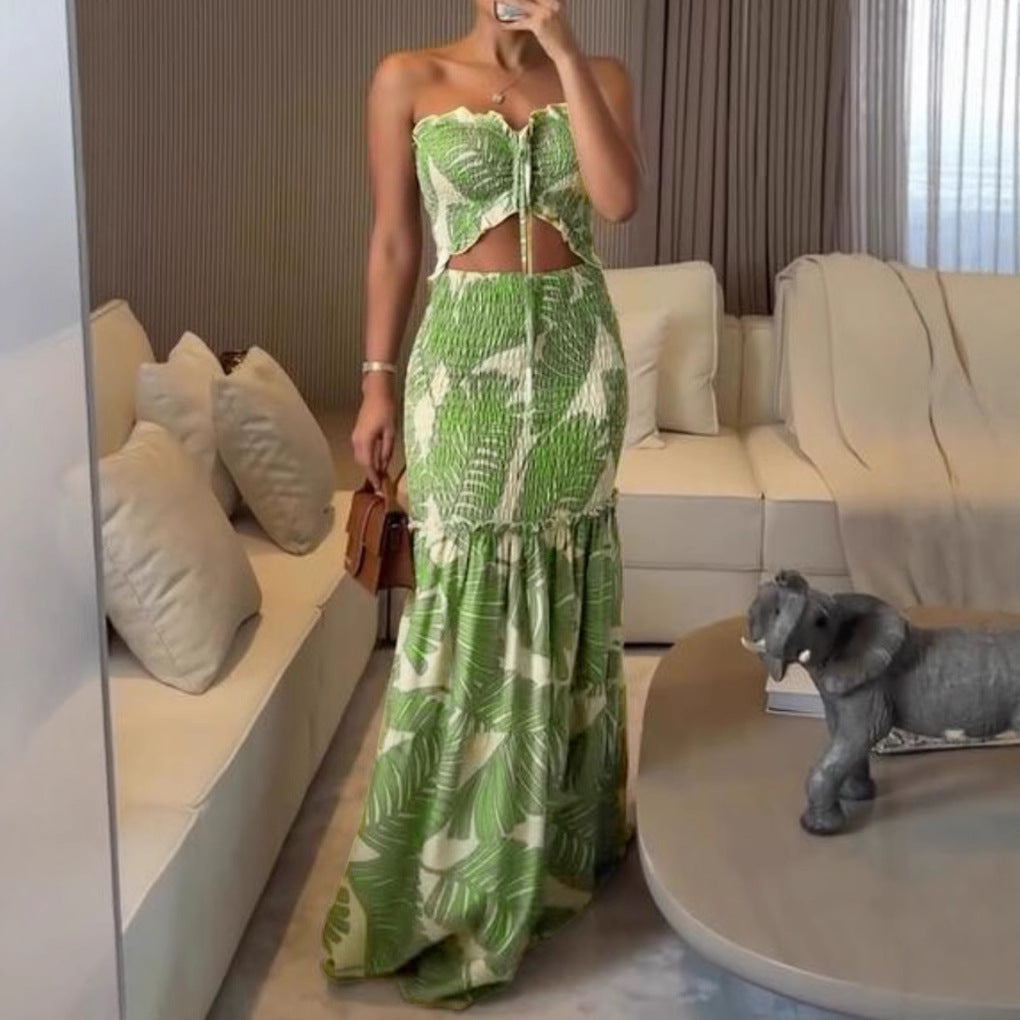Casual Tie-up Halter Dress With Printed Pleats