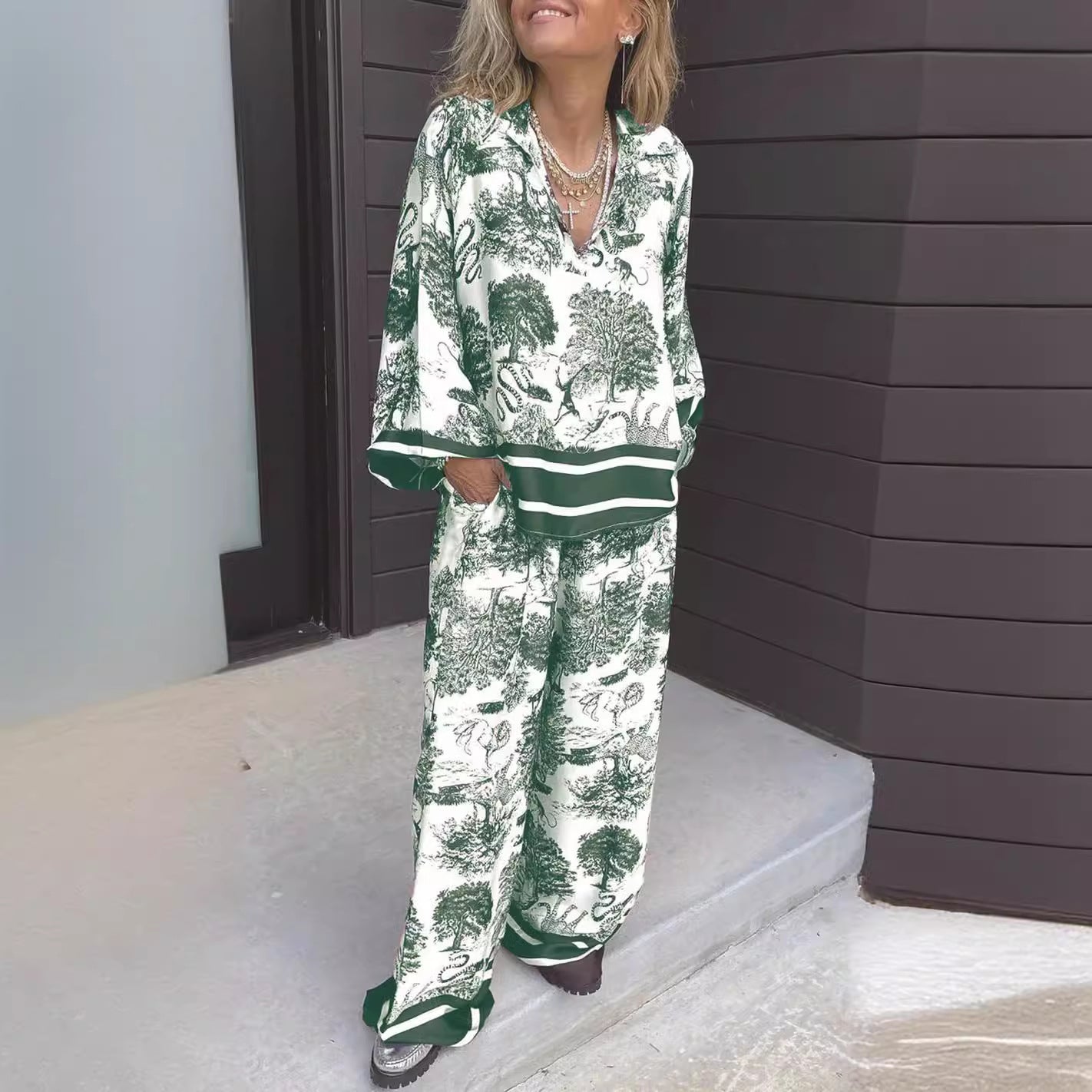 Expert V-neck Printed Long Sleeve Pocket Casual Women's Suit