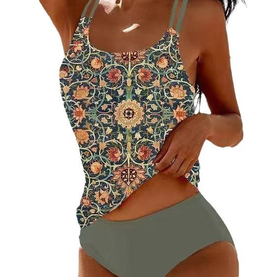Women's Casual Retro Print High-waist Bikini Set