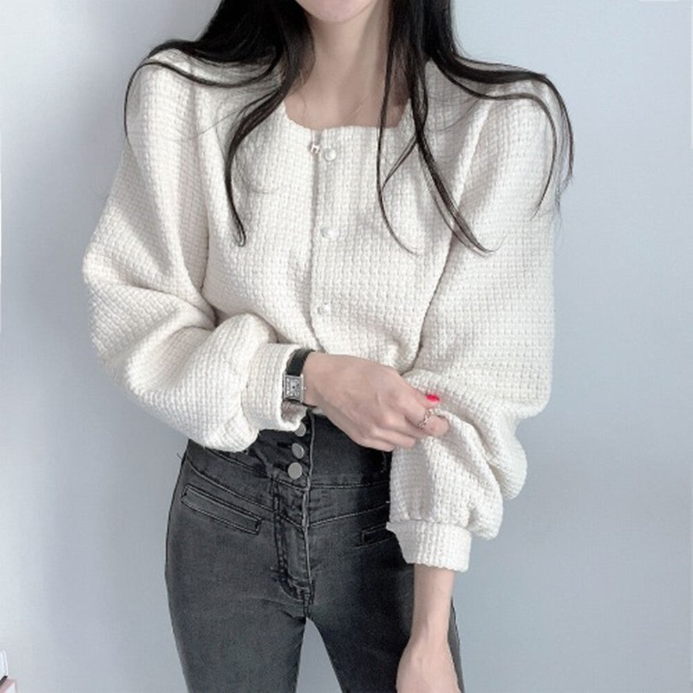 French Style Square Neck Pearl Button Puff Sleeve Jacket
