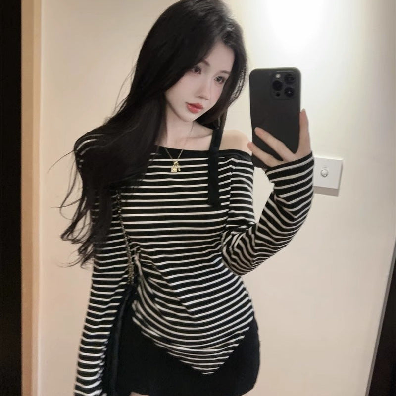 Retro Striped Color-block Off-shoulder Long-sleeve T-shirt