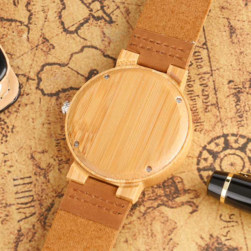 Bamboo wood craft quartz movement cat shape