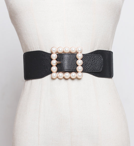 Pearl buckle black wide waist women