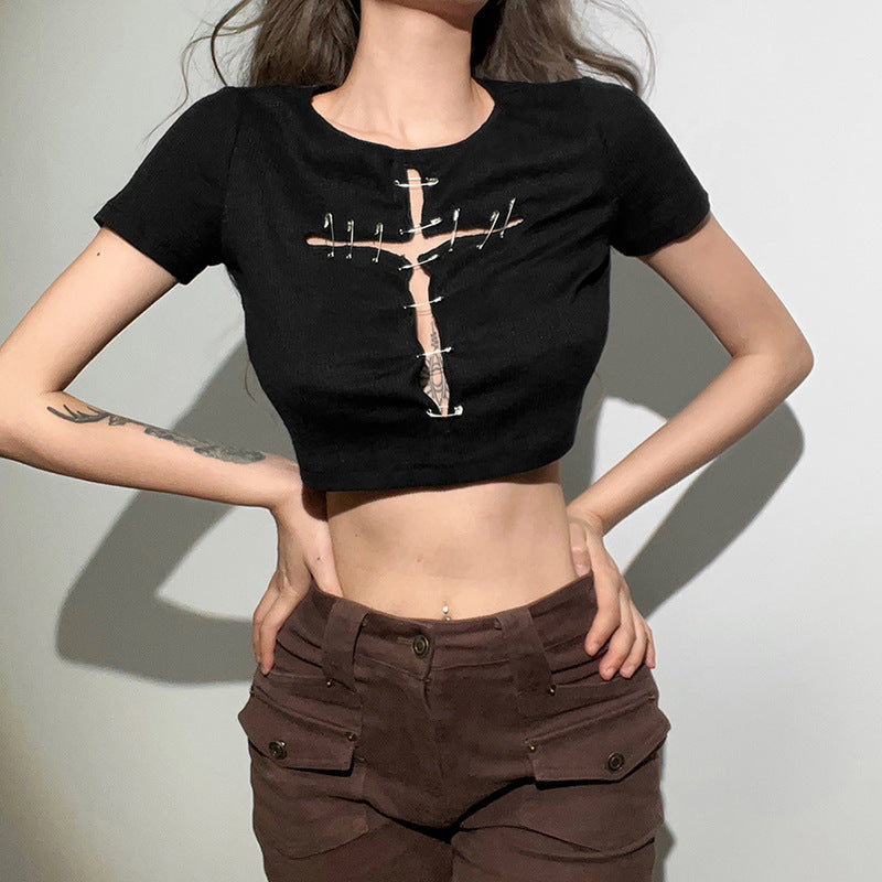 Dame Slim Cropped Navle Mode Rund Hals Hult T-shirt Dame
