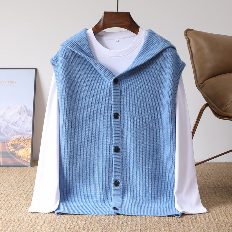 Hooded Cardigan Men's Waistcoat Pure Wool Sleeveless Knitted