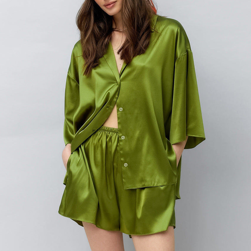 Cool And Comfortable Satin Cardigan And Shorts Set For Home