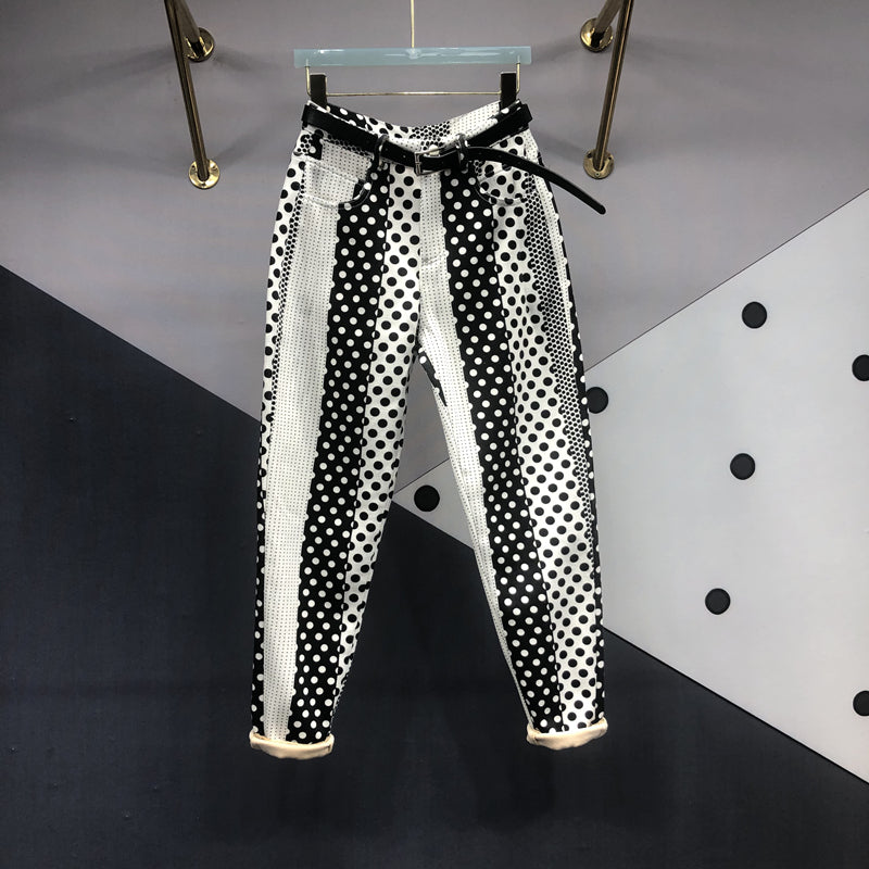 Women's Versatile Polka Dot Printed And Dyed Denim Trousers