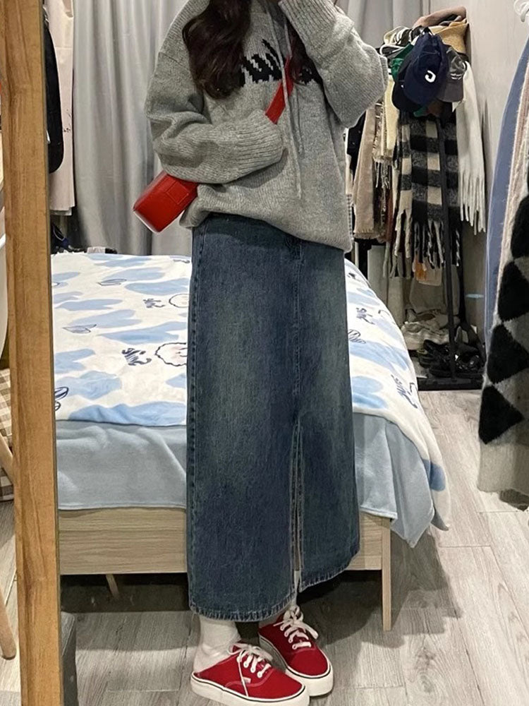 Retro Denim Skirt Fall Pear Shapes Split Straight