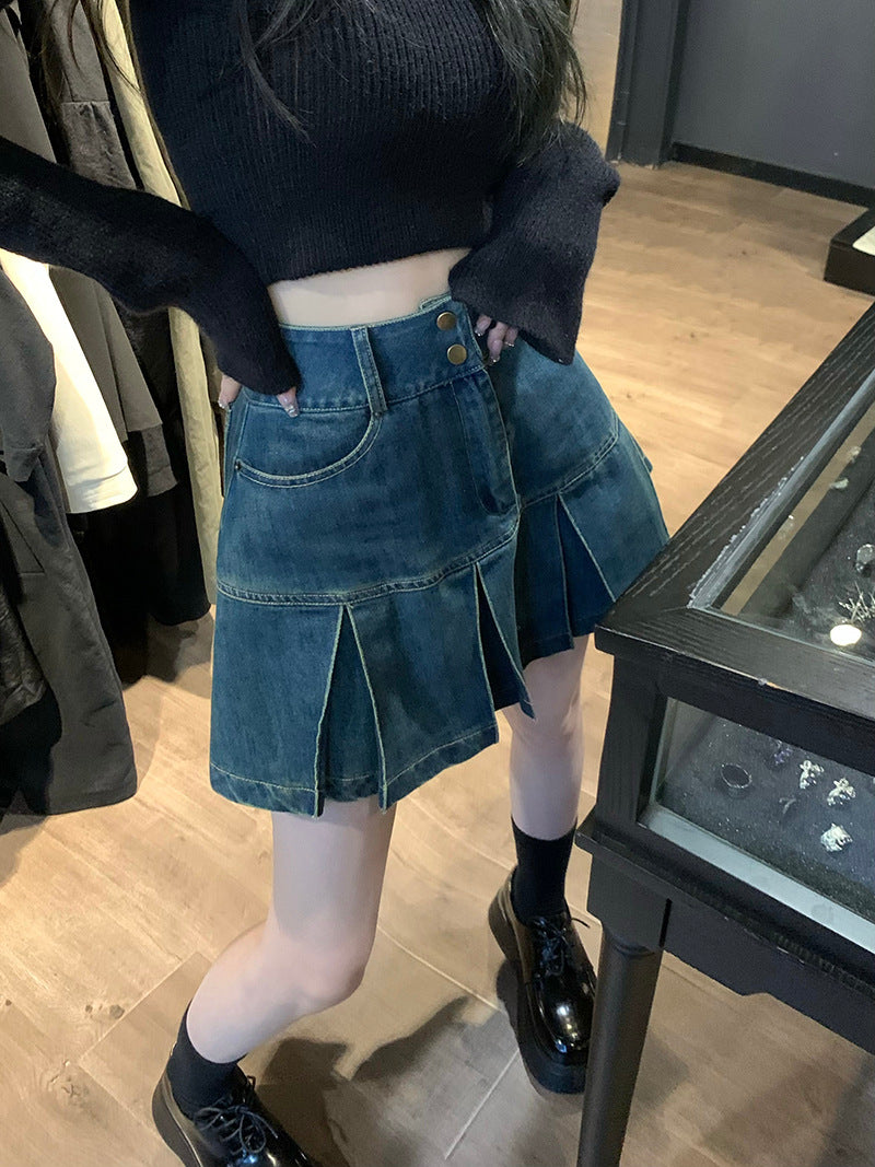 Denim Skirt Pear-shaped High Waist Slimming Sense Of Design Pleated A- Line Sheath Little Short Dress
