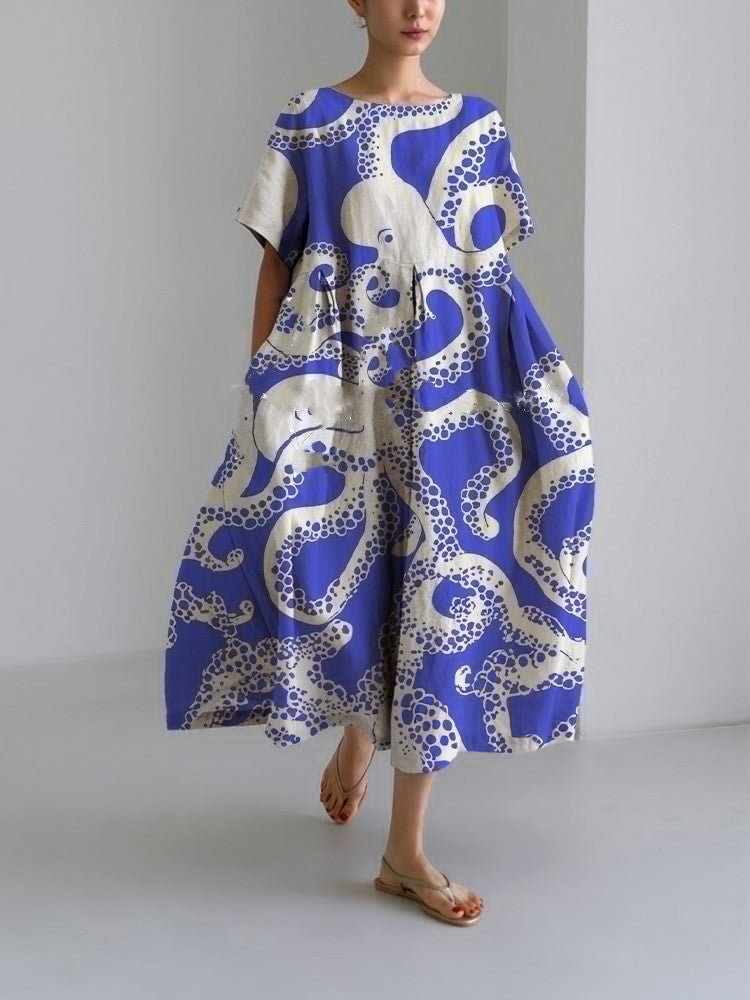Digital Printing Small Chrysanthemum Women's Casual Short Sleeve Large Swing Dress