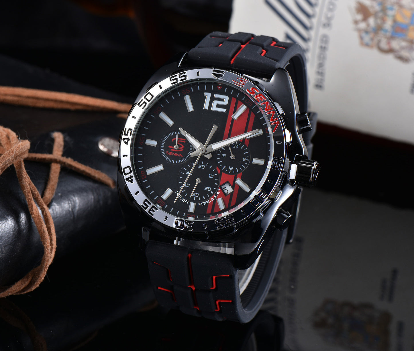 New Men's Quartz Rubber Red Taijia 6-Hand Running Seconds Functional Watch