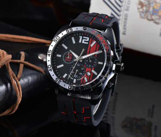 New Men's Quartz Rubber Red Taijia 6-Hand Running Seconds Functional Watch