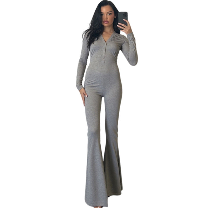 Solid-color V-neck Buttoned Bodycon Long-sleeve High-waist Flared Jumpsuit