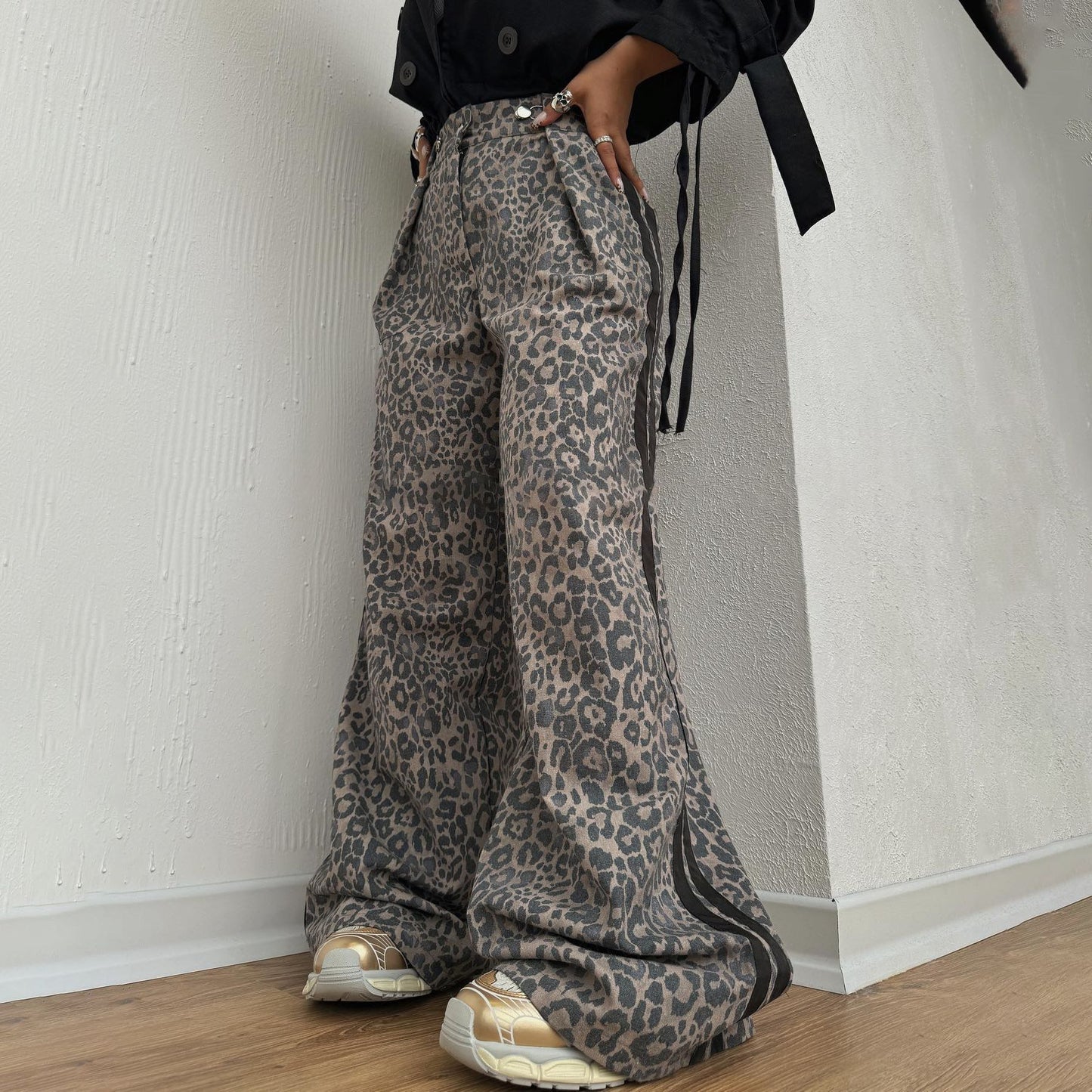 Leopard Print Mop Pants Women's Retro Side Striped Loose Wide-leg Pants