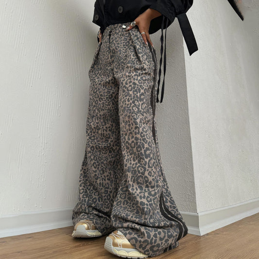 Leopard Print Mop Pants Women's Retro Side Striped Loose Wide-leg Pants