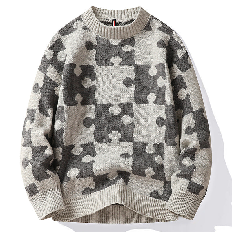 Løs sweater i koreansk stil med fransk rund hals og kontrastfarvede syninger