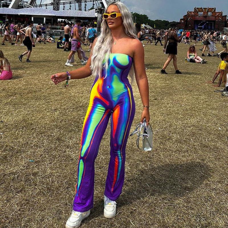 Womens Summer Strapless Off-Shoulder Multi-Color Printed Bodycon Hip-Lifting Jumpsuit With Pants