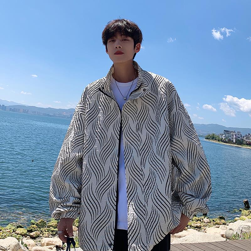 Personality Dark Crumpled Texture Striped Large Size Stand Collar Jacket