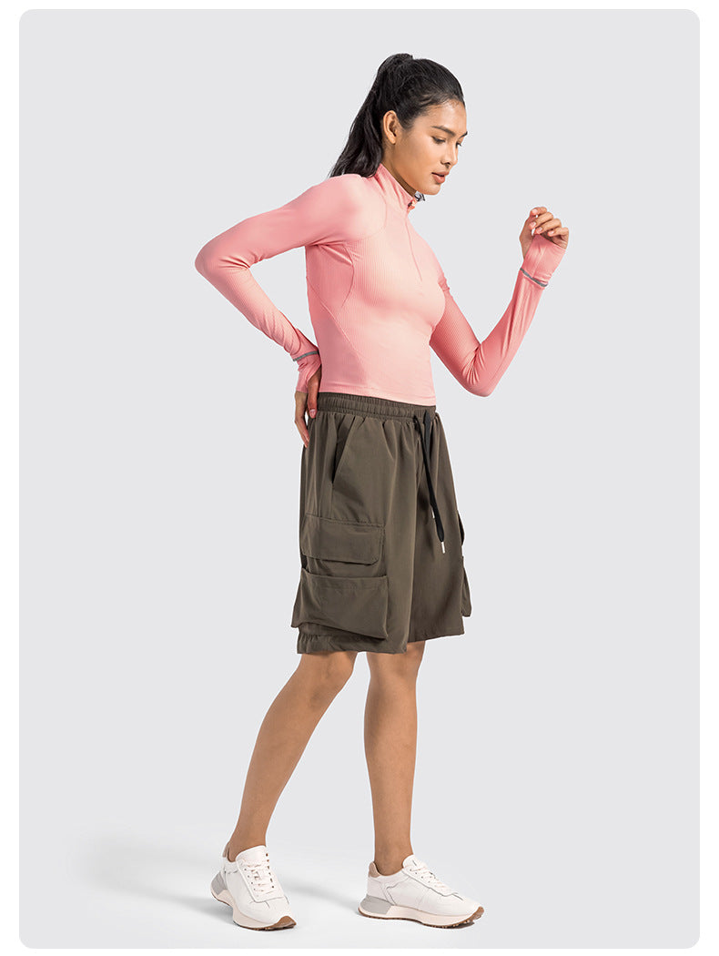 Short Autumn And Winter Half Zipper Sports Long Sleeve Women's Stand Collar Windproof Warm Safety Reflective Strip Workout Clothes