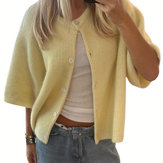 Women's Solid Color Short-sleeved Cardigan Round Neck Button
