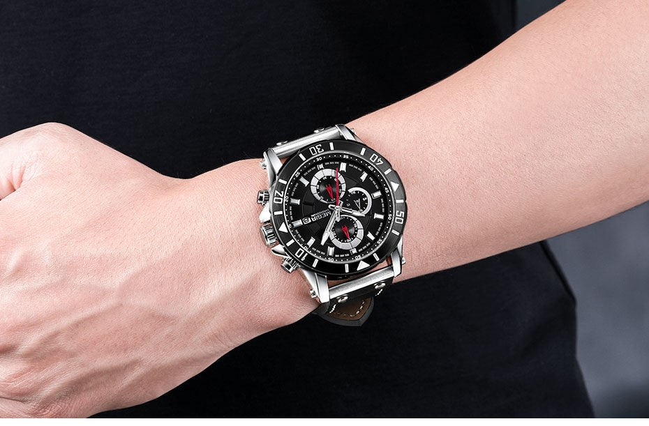 Fashion sports three-eye timing leather wild men's quartz watch