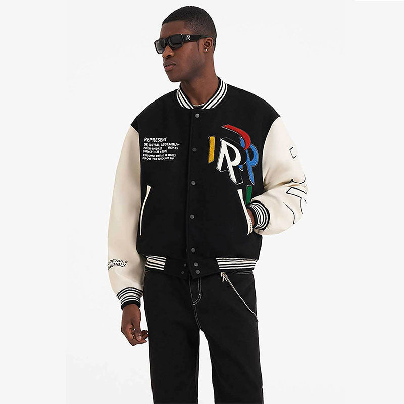 Color R Letter Embroidery Quilted Leather Sleeve Jacket Jacket Men's And Women's Baseball Uniform
