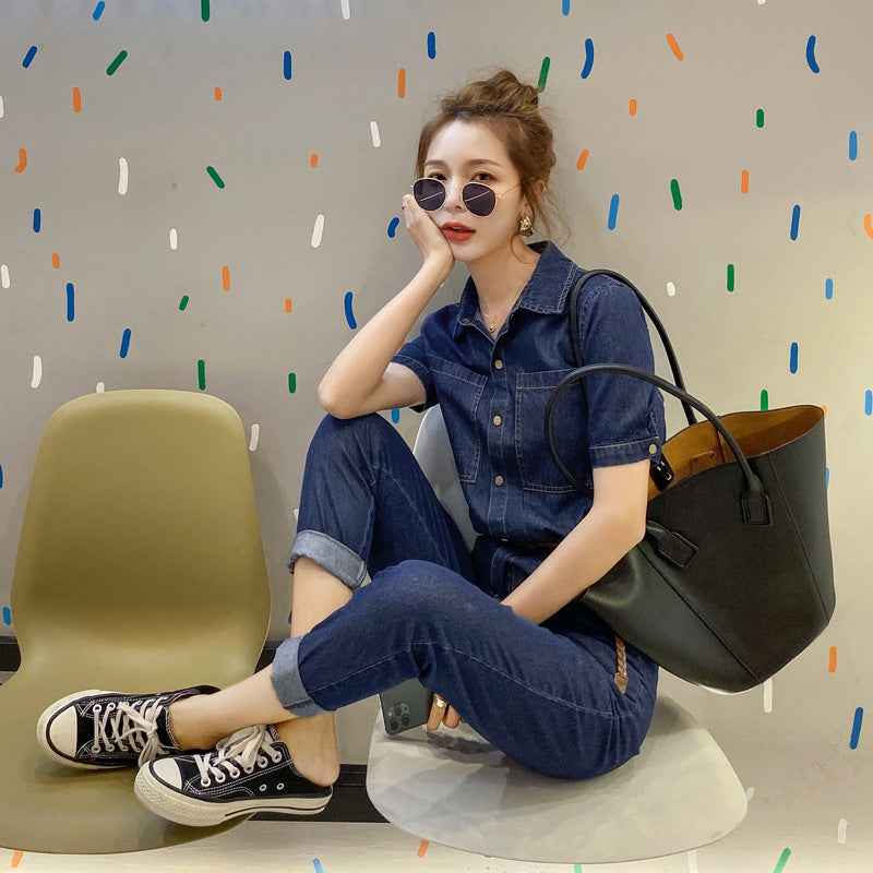 Sommer Ny Kortærmet Jumpsuit Overall Jeans Tøj Dame Jumpsuit