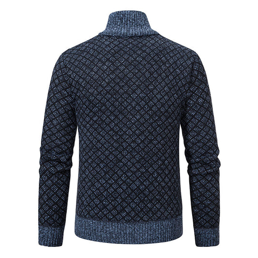Thickened Plaid Print Jacket Cardigan Fashion Slim Fit Zipper Stand Collar Sweater Winter Men's Casual Long Sleeve Knitted Top Clothing