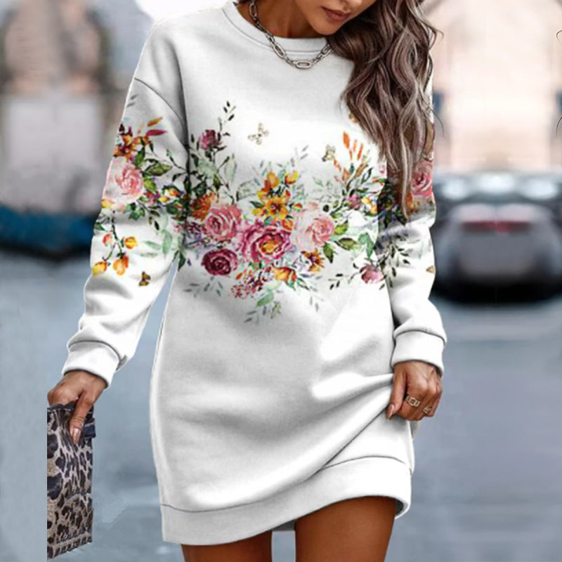 European And American Printed Crew Neck Casual Long Loose Sweater