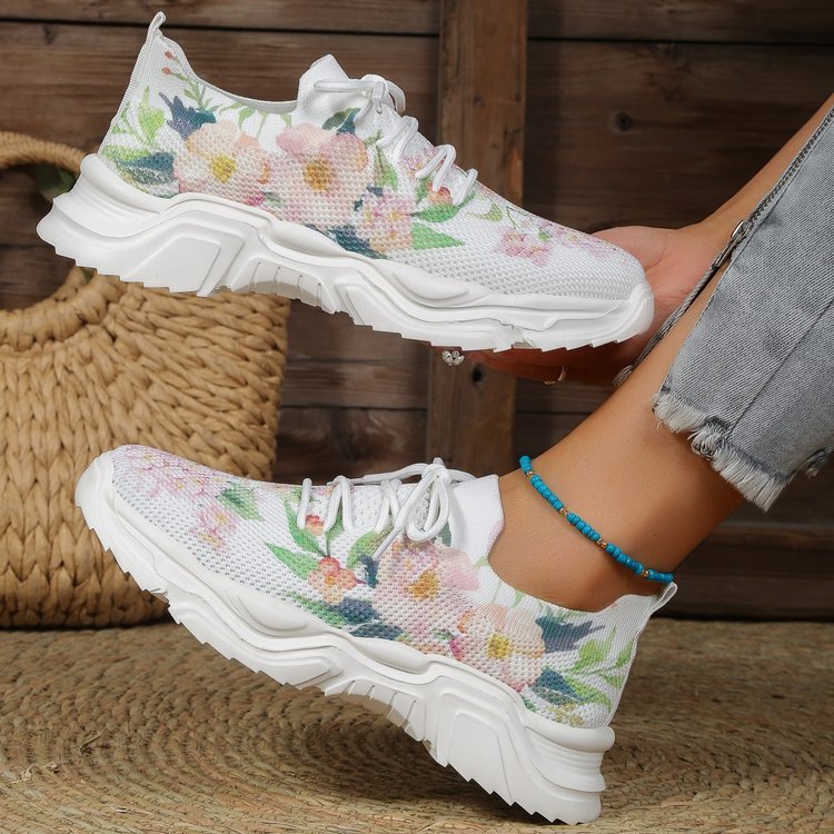 Casual Flower Sports Women's Fashion Flat Single Plus Size Warped Head Lace Up Casual