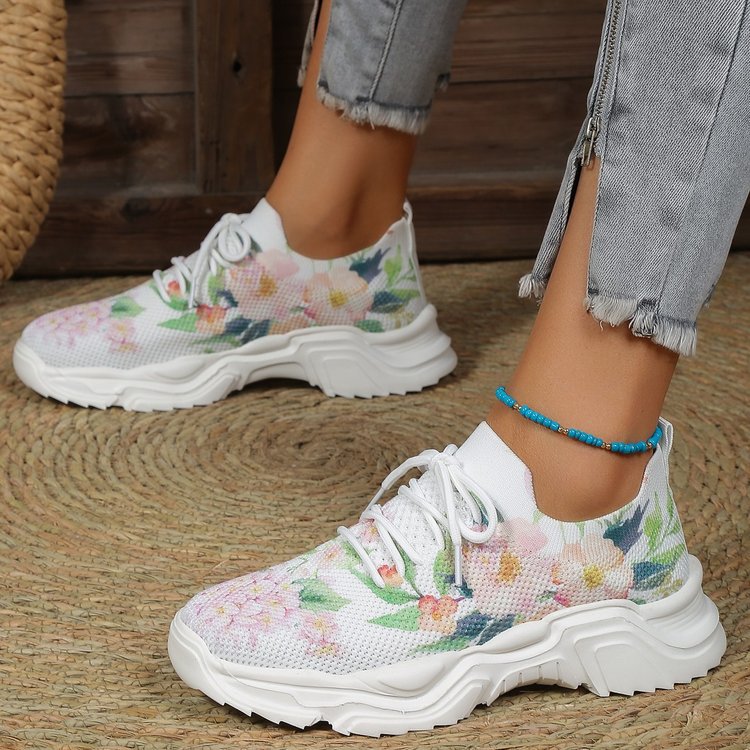 Casual Flower Sports Women's Fashion Flat Single Plus Size Warped Head Lace Up Casual