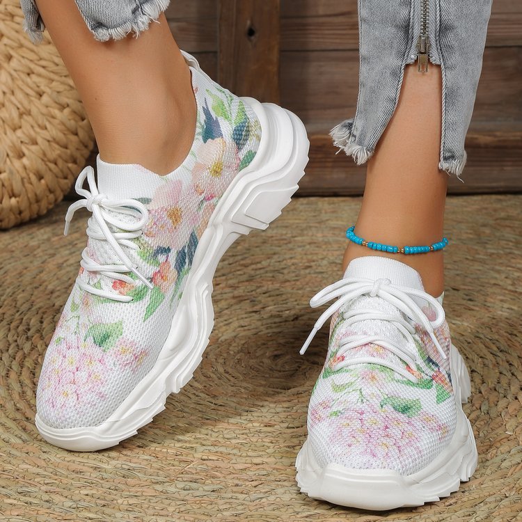 Casual Flower Sports Women's Fashion Flat Single Plus Size Warped Head Lace Up Casual