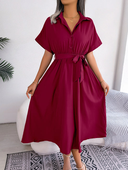 Women  Casual Loose Solid Color Tie Waist Shirt Maxi Dress
