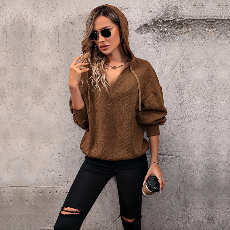 DamebeklædningEnsfarvet strikket afslappet hættetrøje til kvinder