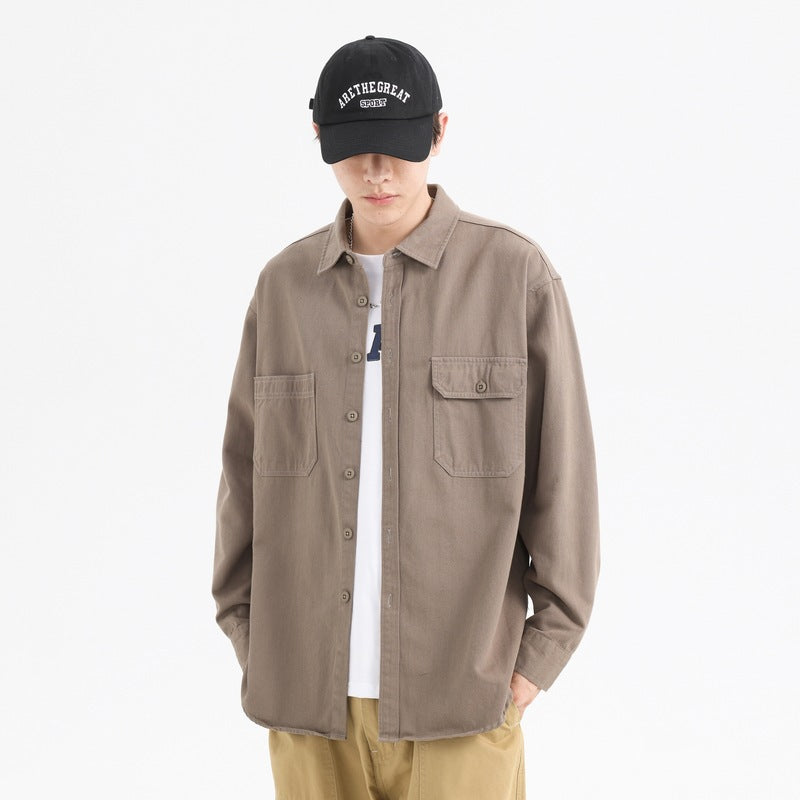 Oxford Cotton Hong Kong Style Double Pocket Trendy Loose Casual Men's Shirt